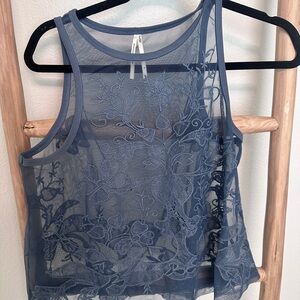 Anthropologie Blue Embroidered Mesh Top